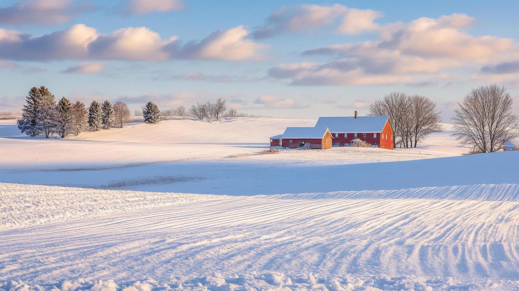A picturesque winter scene of a red barn nestled in snowy fields. photo