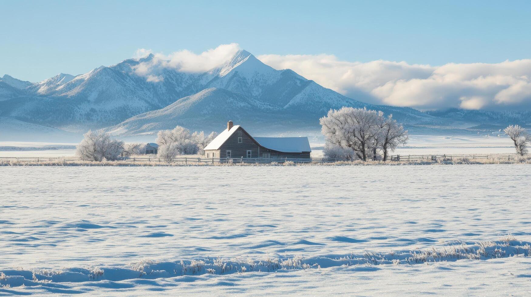 Winter wonderland scene with a rustic farm house and snow-capped mountains. photo
