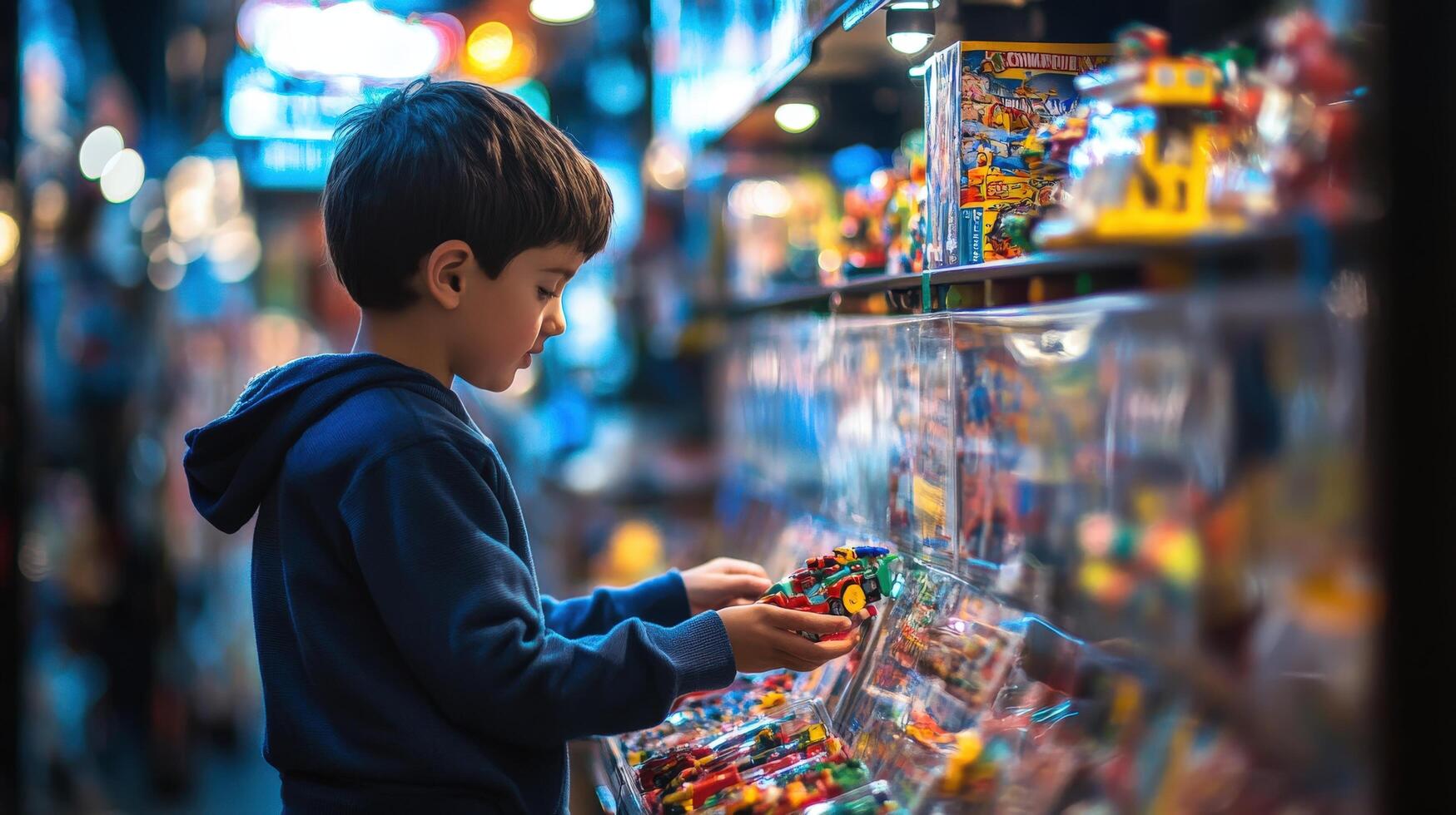 Child's captivated gaze on colorful candy and toys in a store. photo