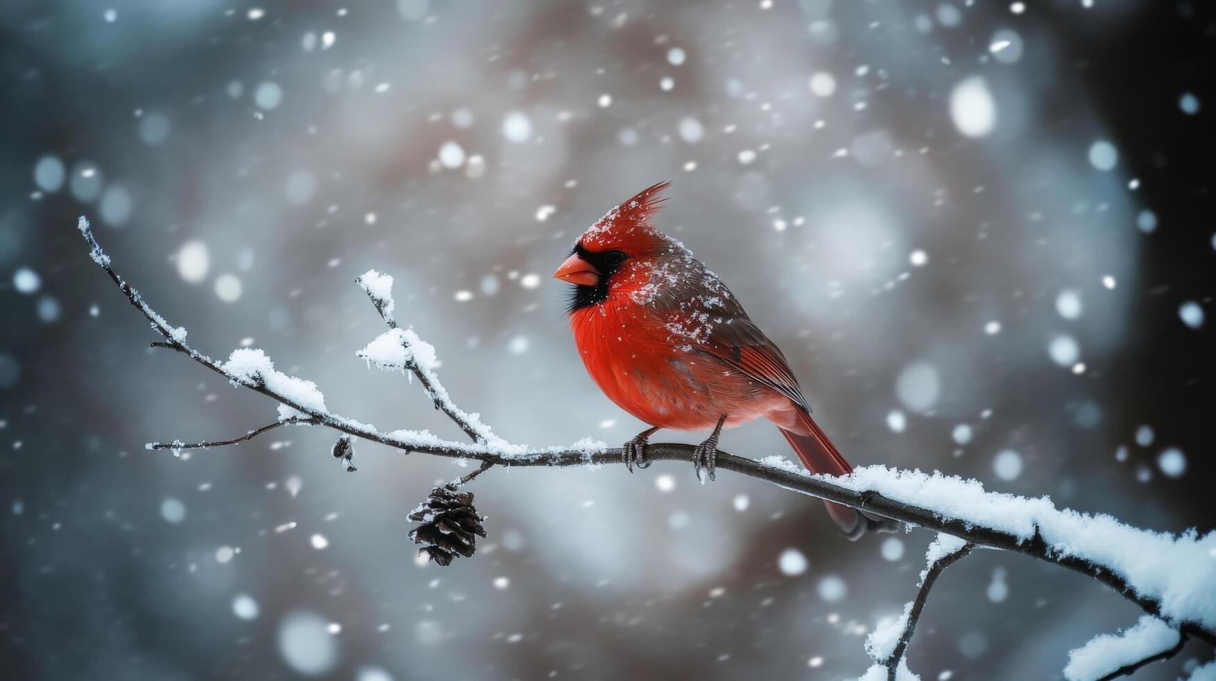 A vibrant cardinal perched on a snowy branch in winter's snowfall. photo