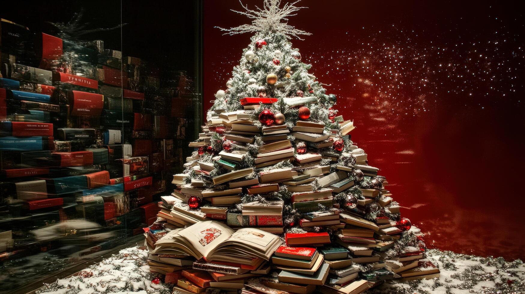 Festive book-themed Christmas tree adorned with presents and decorations. photo