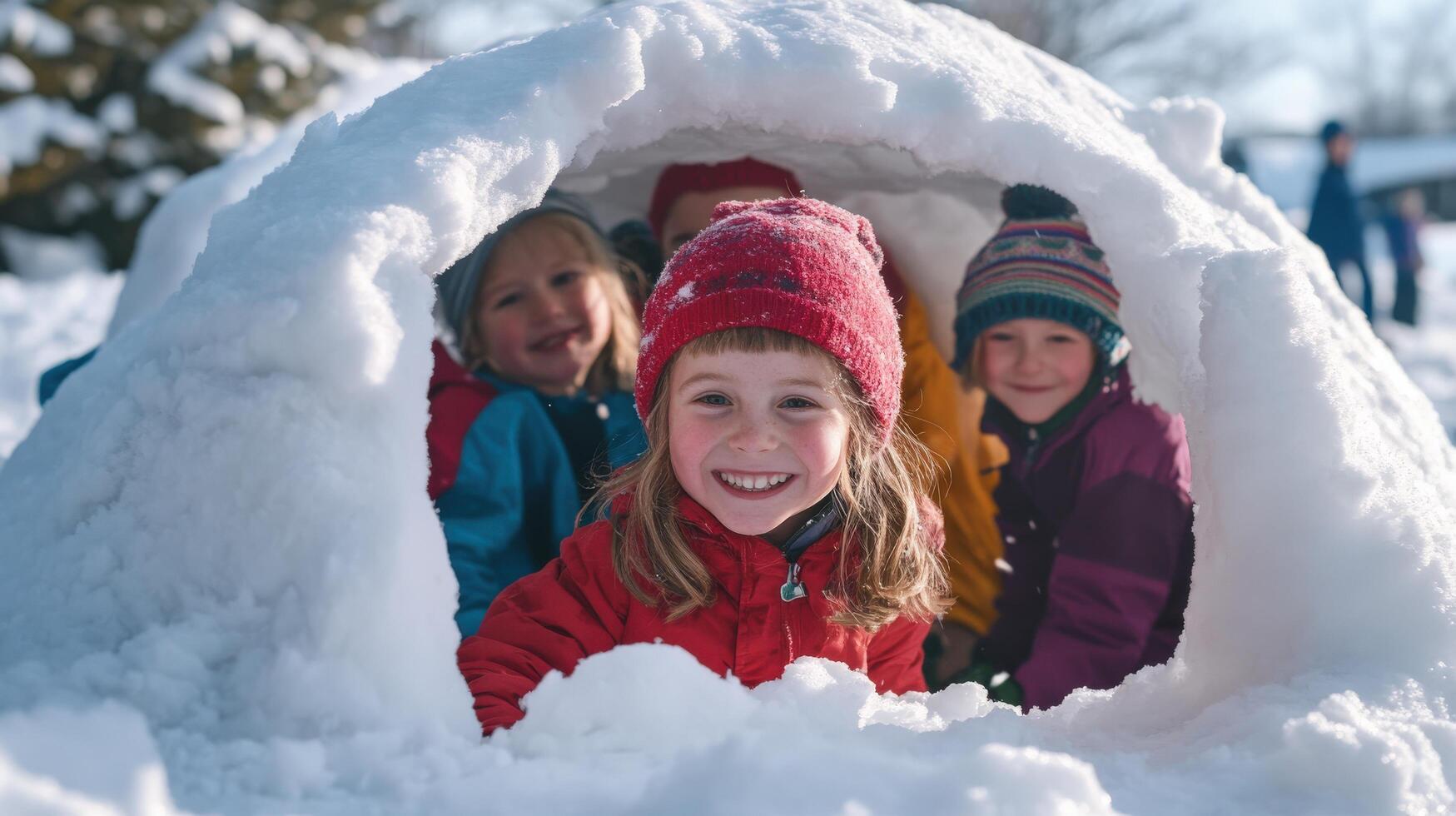 Children joyfully playing in a snowy igloo. photo