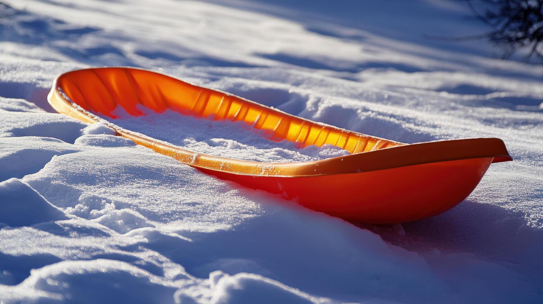 Orange plastic sled resting on snowy ground. photo