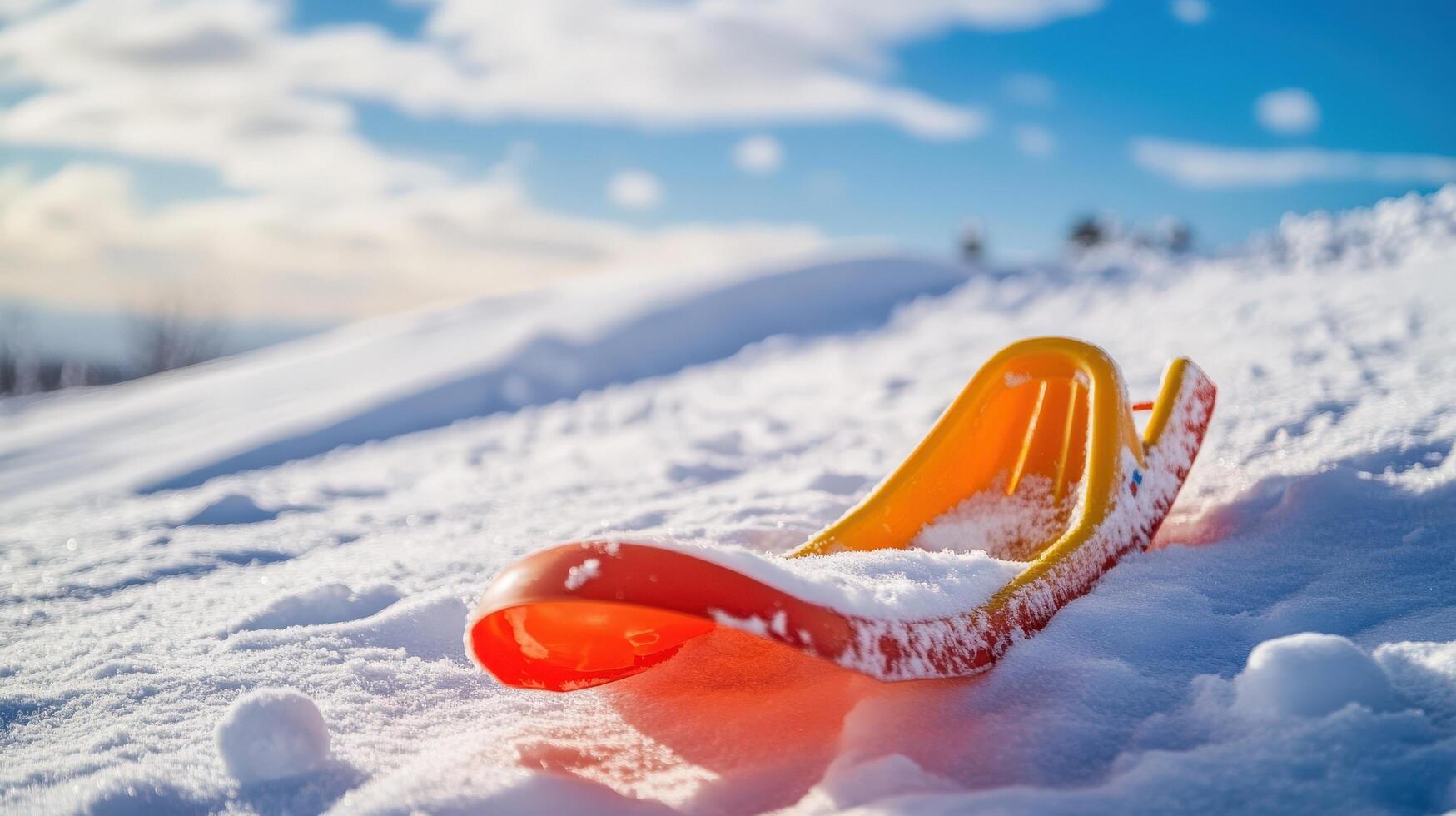 Brightly colored sled resting on a snowy hilltop. photo