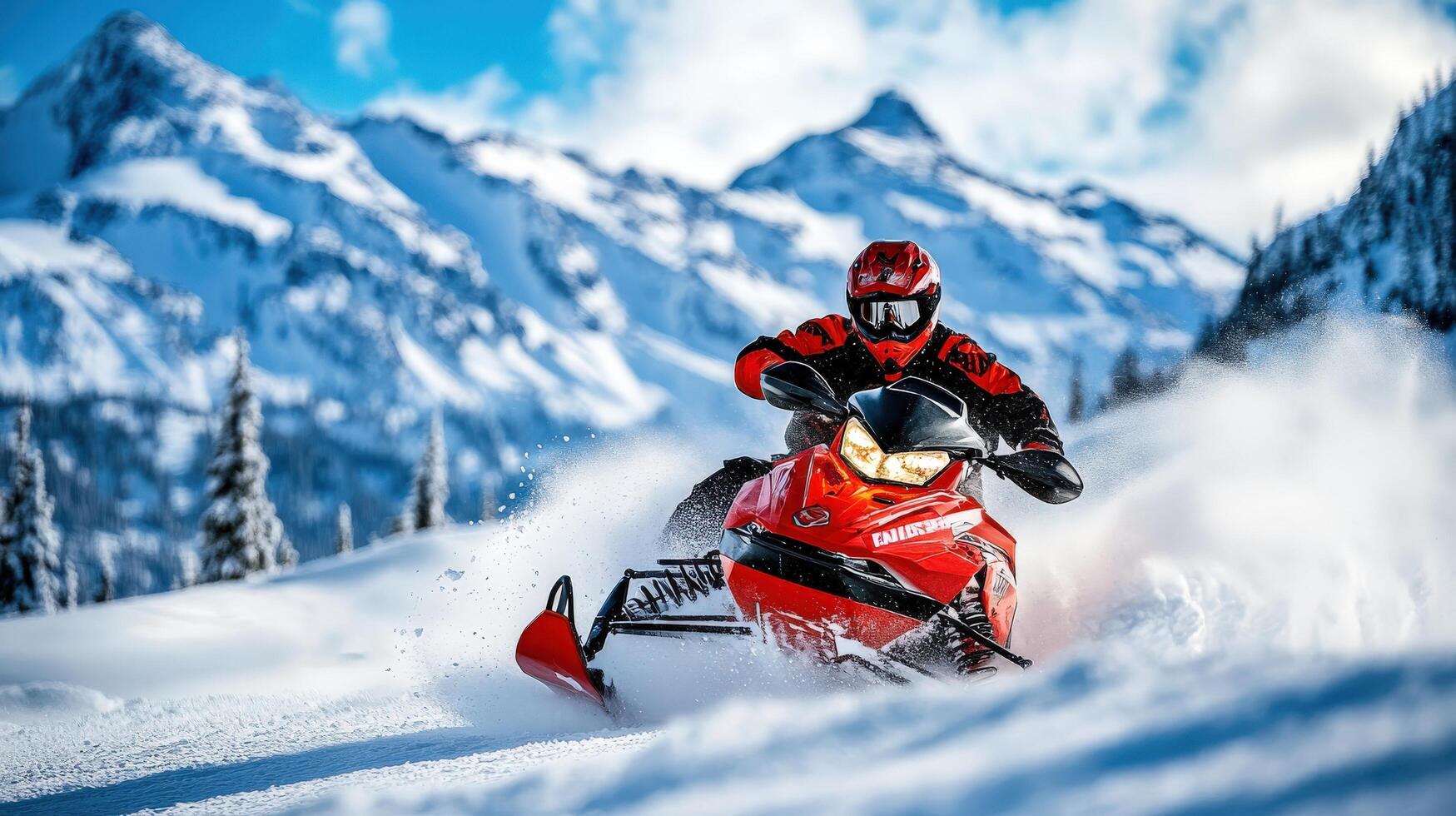 Winter snowmobile adventure through snowy mountain peaks. photo