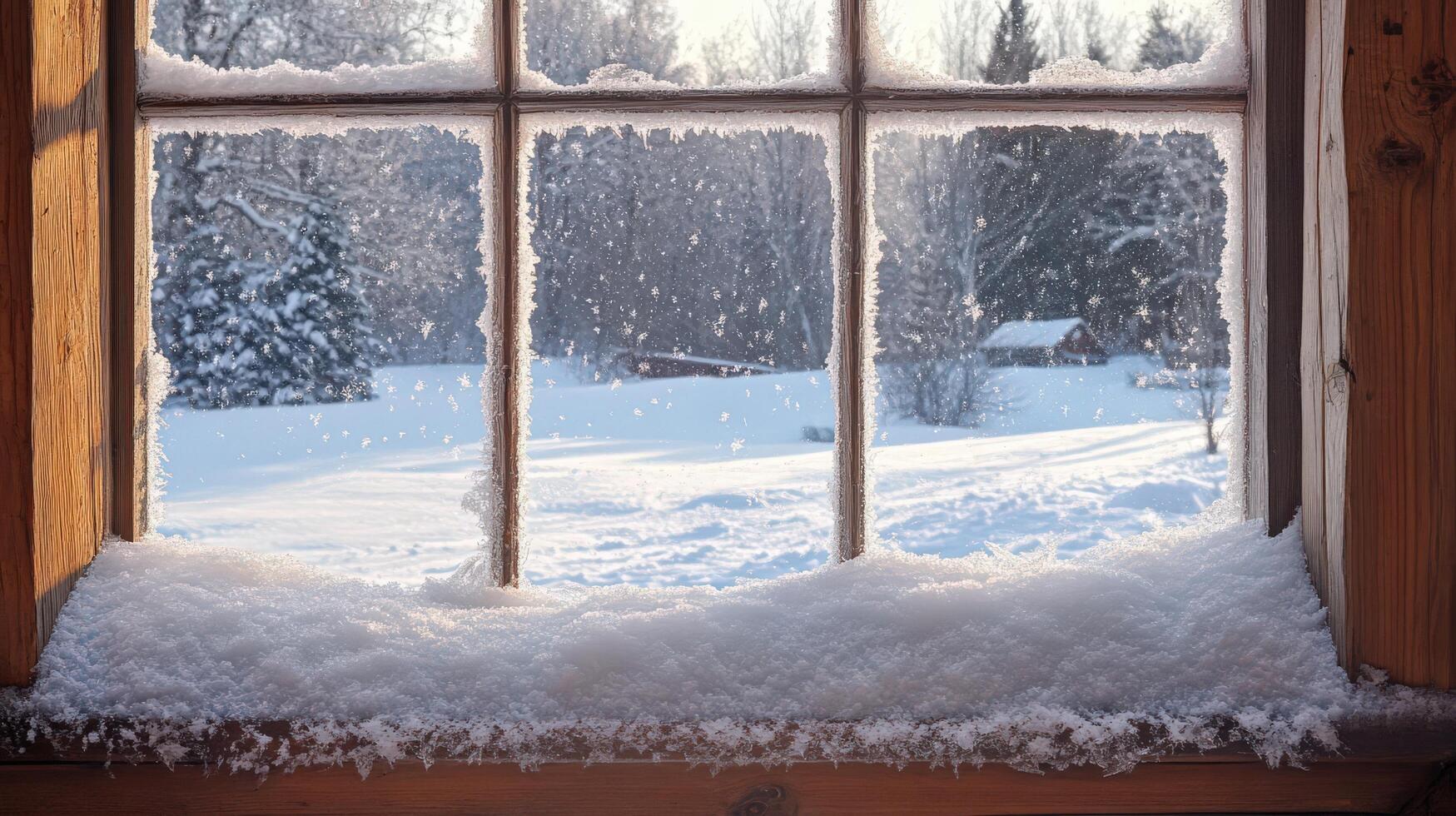 Snowy winter scene viewed through a frosty window. photo