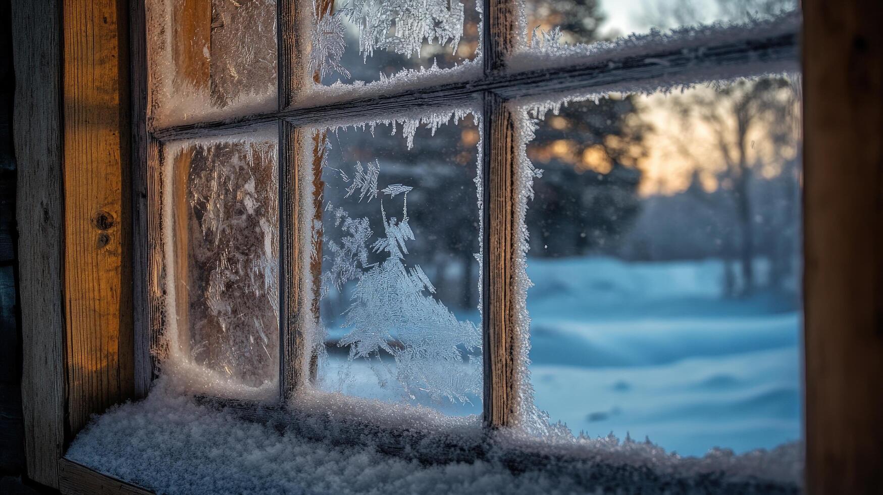 Frozen winter scene seen through a frosted windowpane. photo