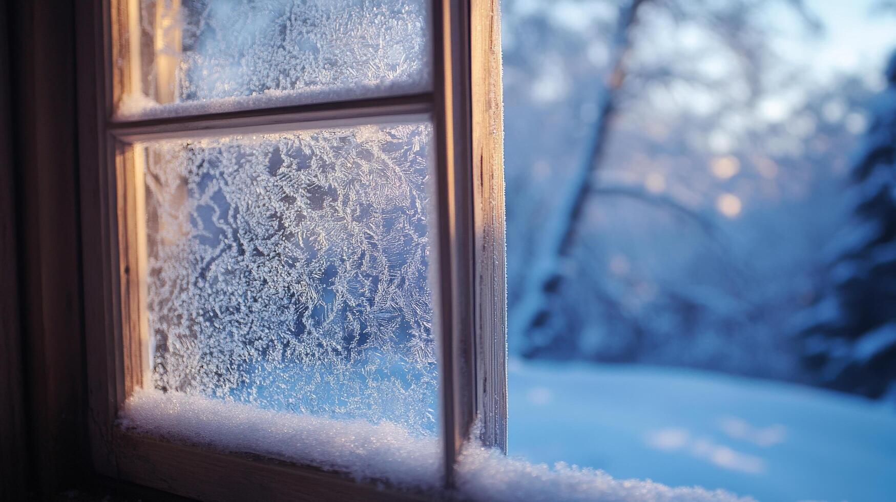 Frosty winter scene viewed through a window pane. photo