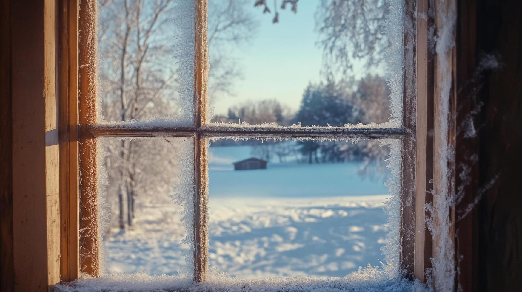 A view of a snowy winter landscape through a window photo