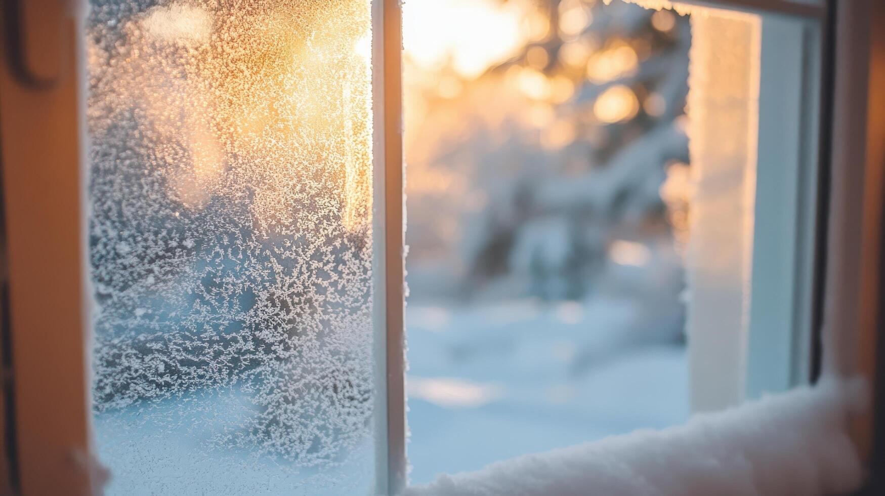 Frosty windowpane view of a snowy winter scene. photo