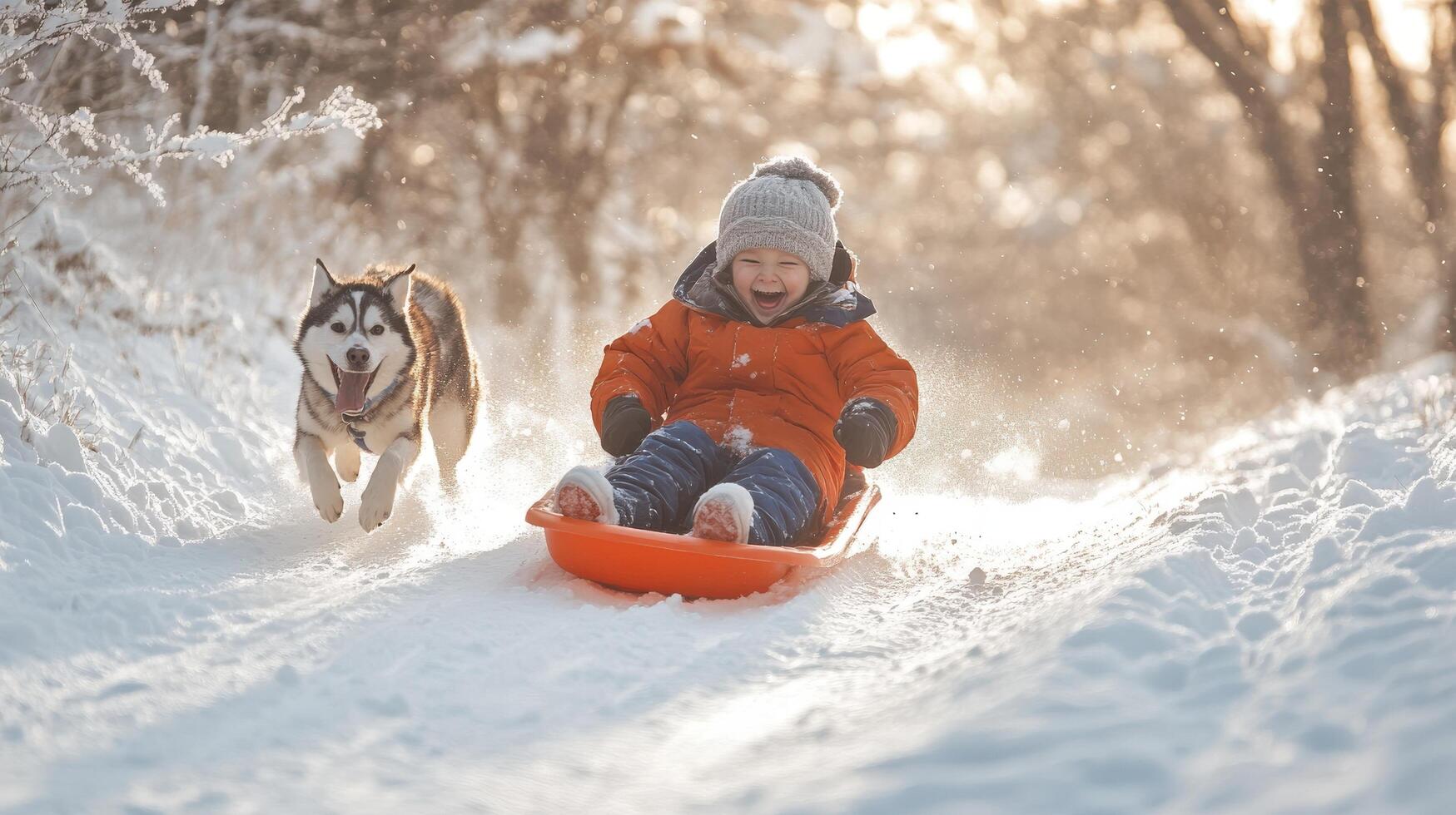 Winter fun with a husky and a child on a sled. photo