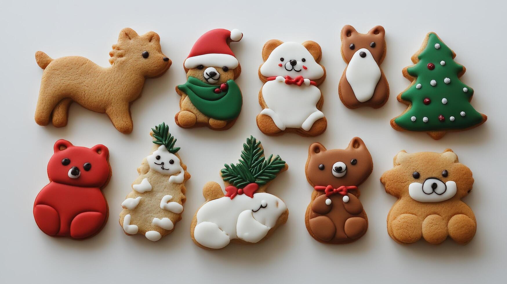 Festive animal and tree-shaped cookies arranged on a white surface. photo