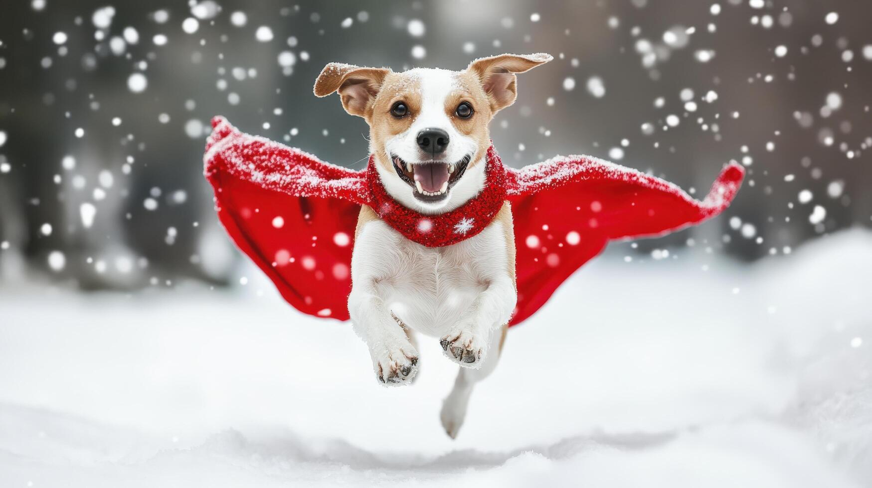 Joyful dog in flight, wearing red cape, snowy day. photo