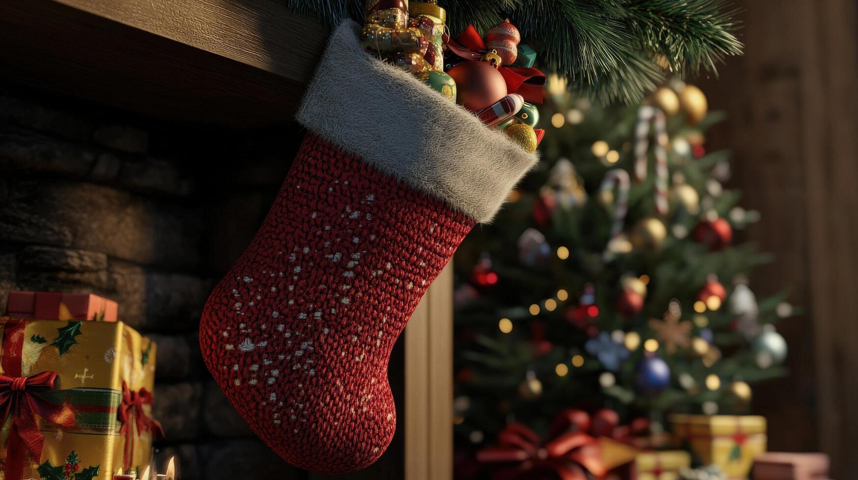 Festive Christmas stocking hanging on fireplace mantel. photo