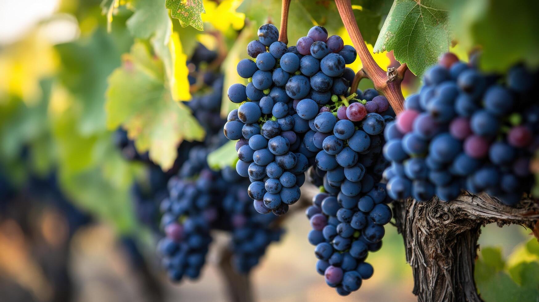Close-up view of plump, dark purple grapes on vines. photo
