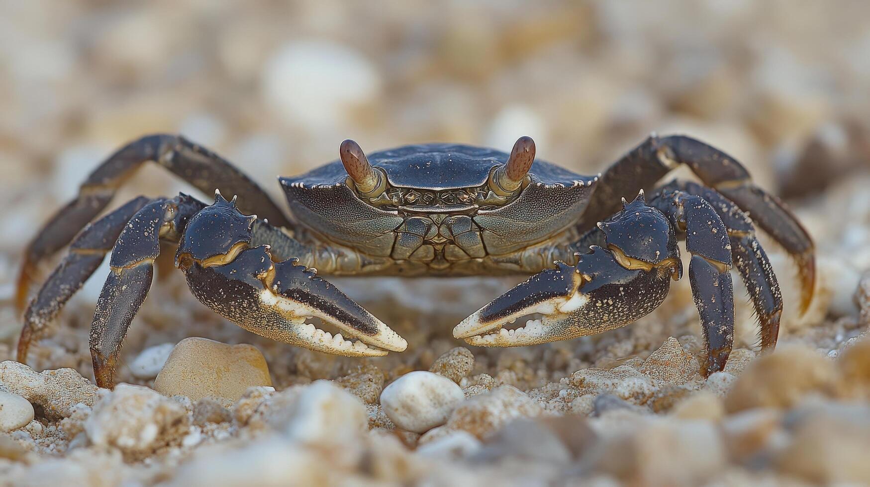 Close-up view of a small crab on a sandy beach. photo