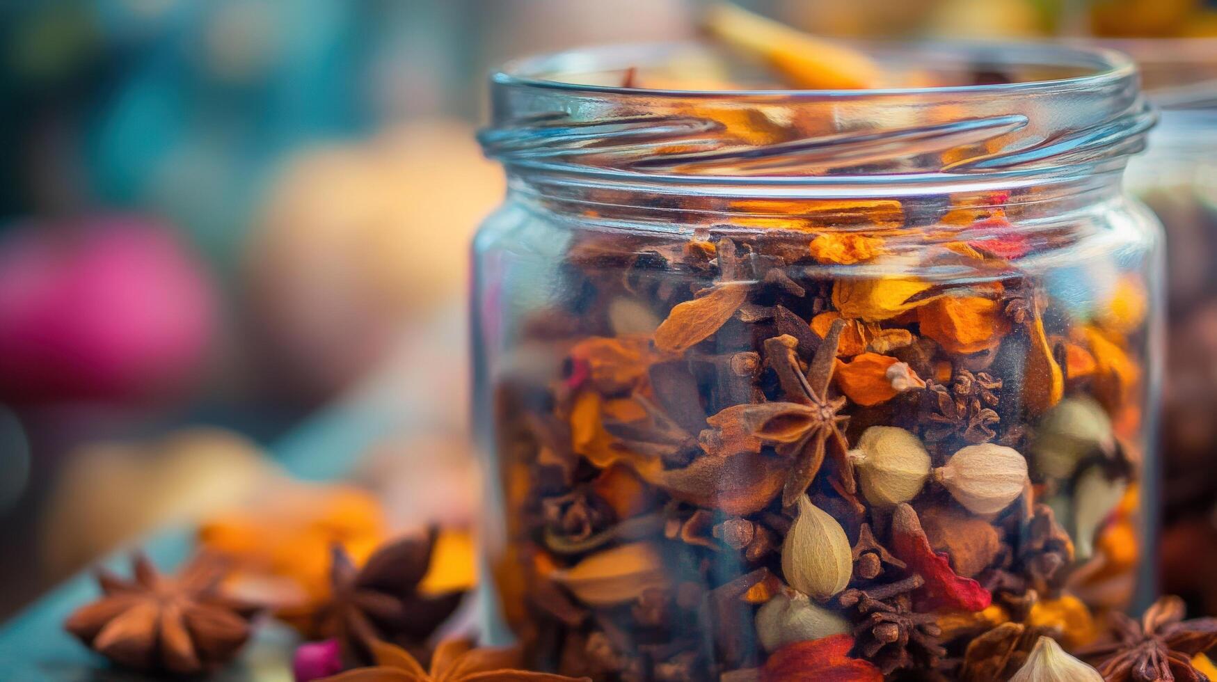 Close-up view of a glass jar filled with colorful autumnal spice blend. photo