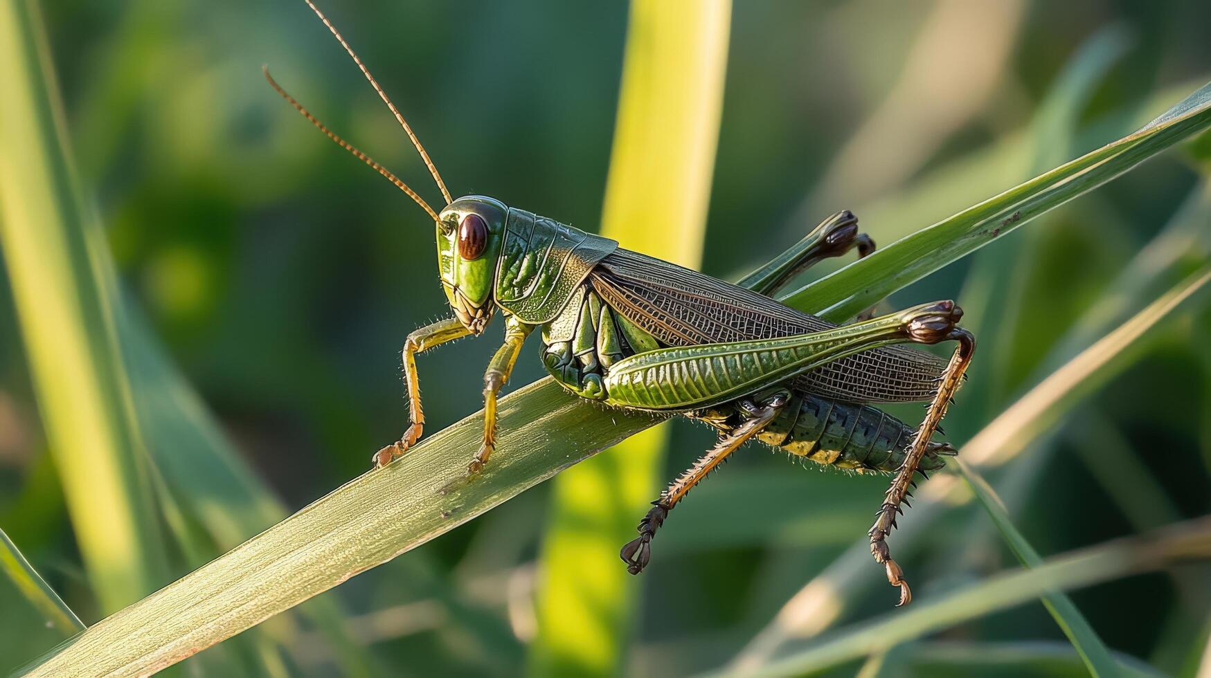 A grasshopper is sitting on a blade of grass photo