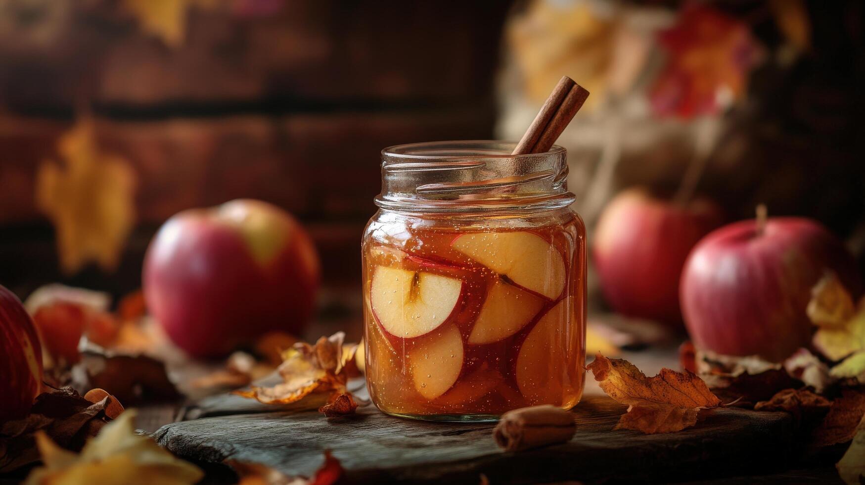 Autumnal cider in a mason jar, surrounded by fall foliage. photo