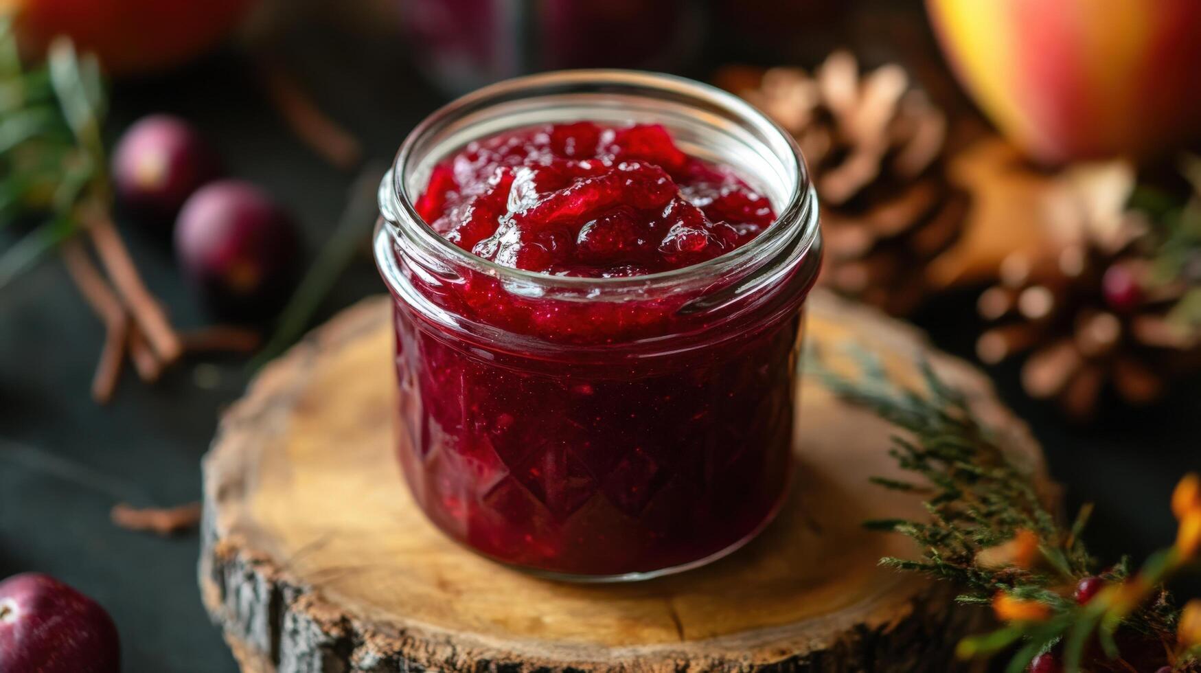 Close-up of a glass jar filled with cranberry sauce. photo