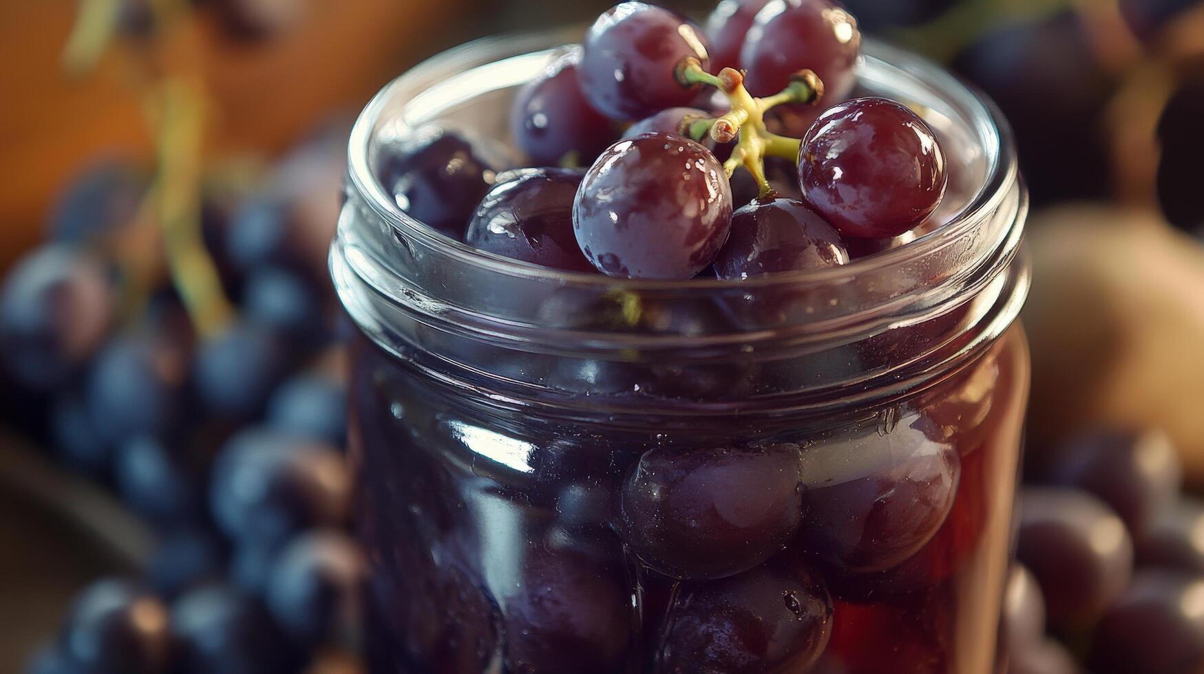Freshly picked grapes in a clear glass jar. photo
