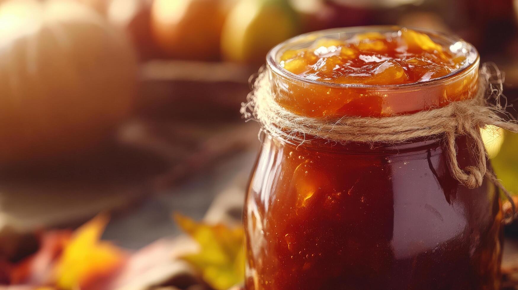 Autumnal preserves in a glass jar on a rustic surface. photo
