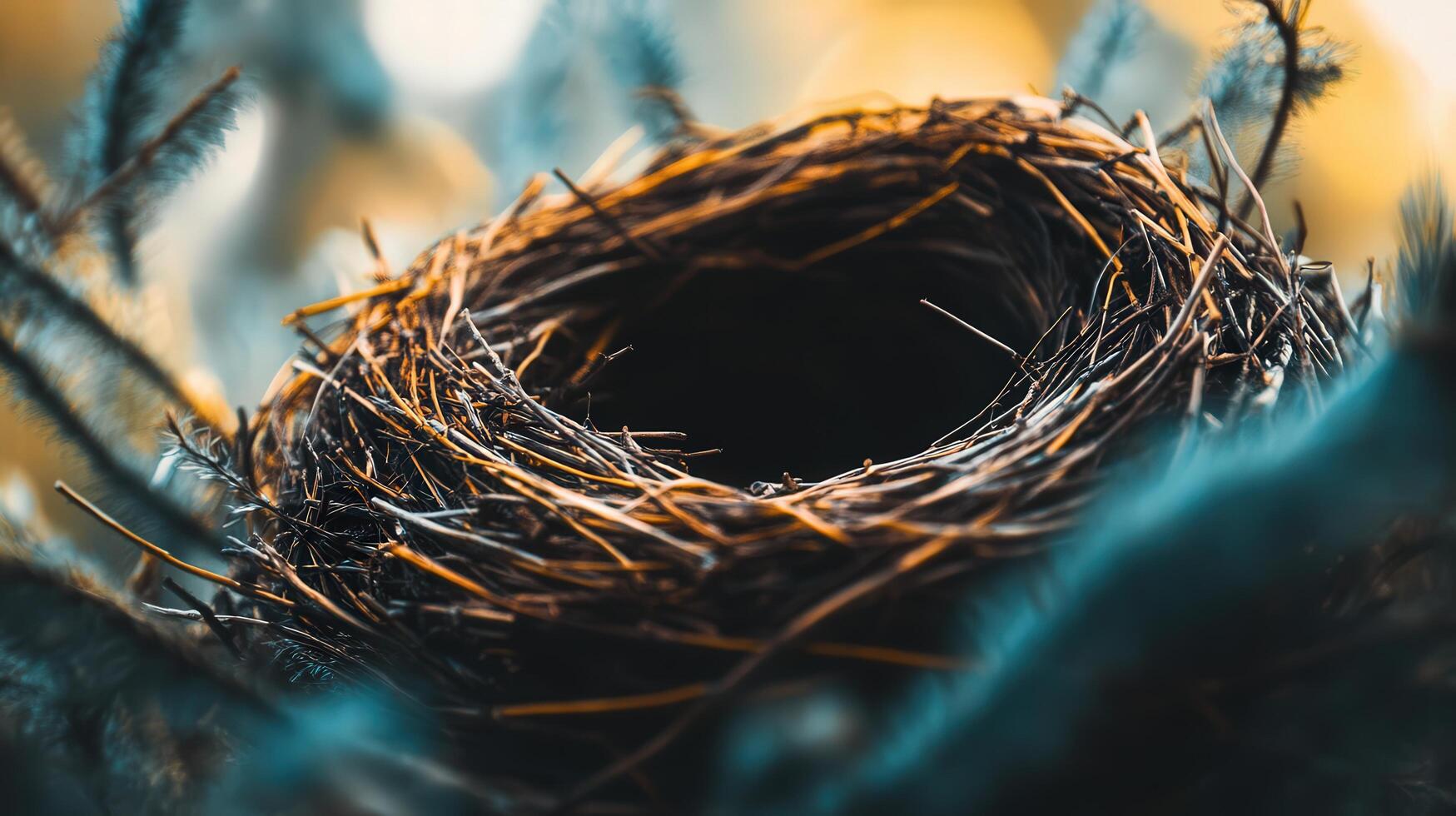 Empty bird's nest, detailed close-up view. photo