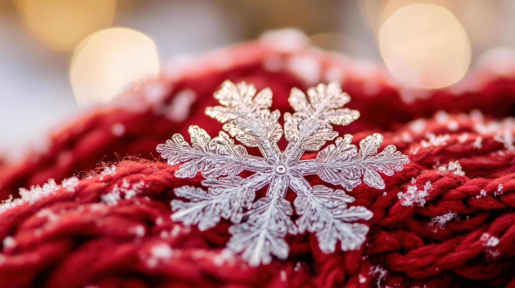 Sparkling snowflake resting on textured red fabric. photo