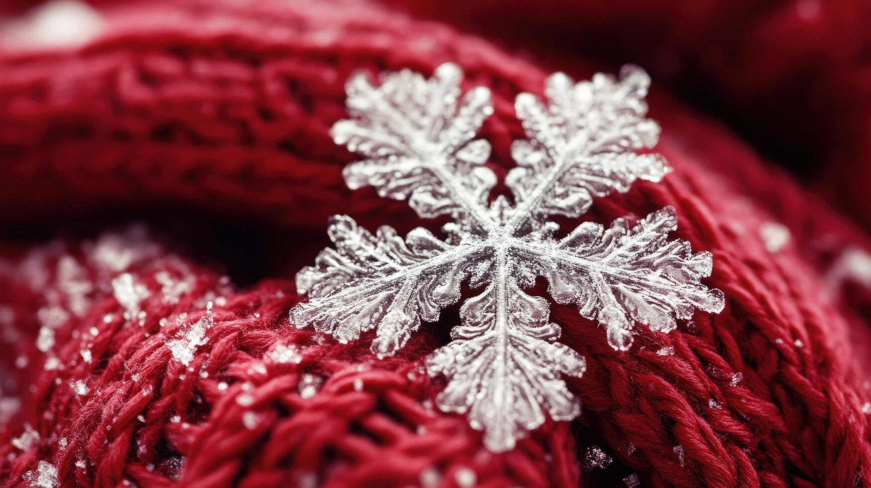 Detailed close-up of a delicate snowflake on a warm winter fabric. photo