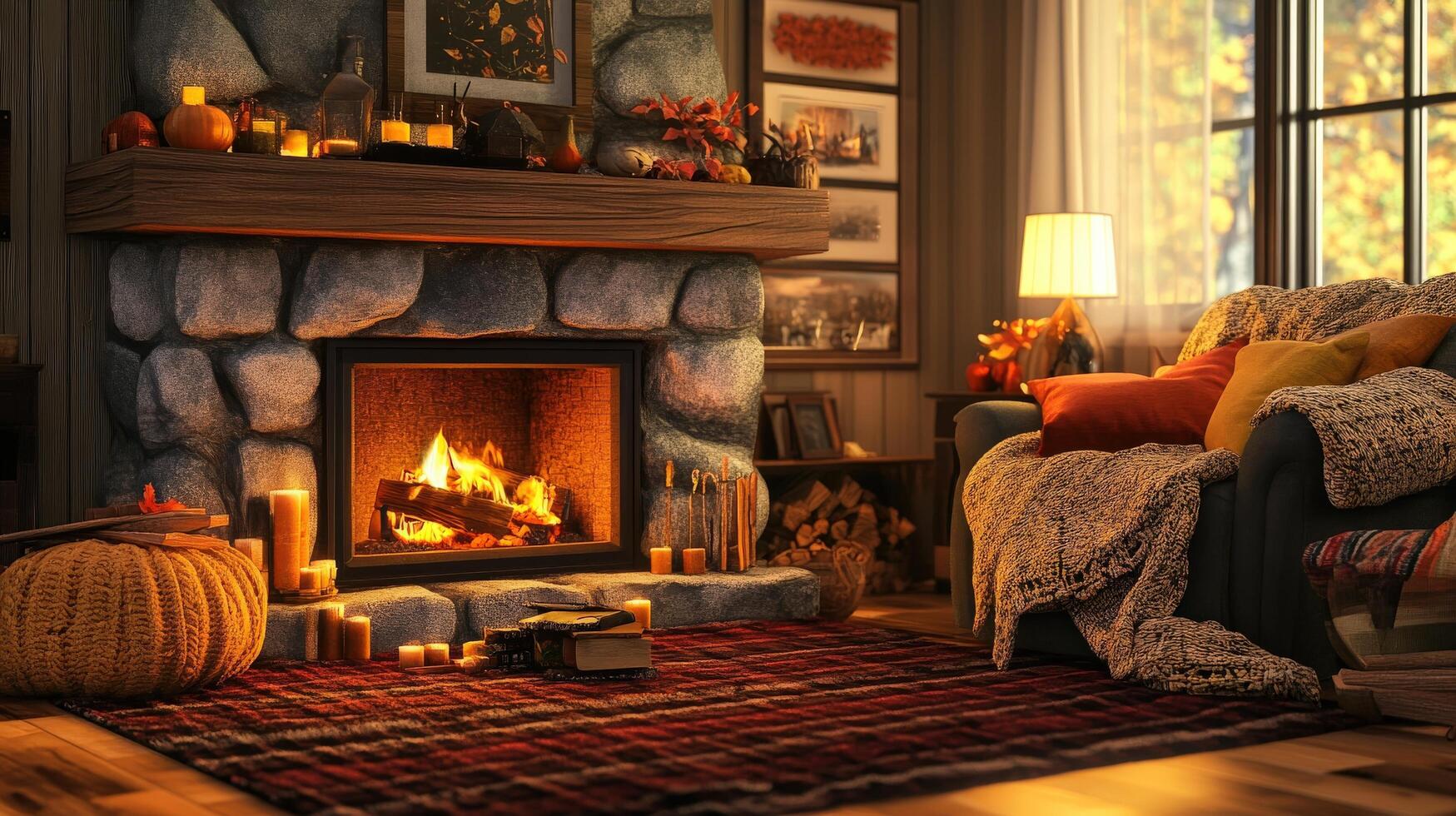 Cozy autumnal living room scene by the fireplace. photo