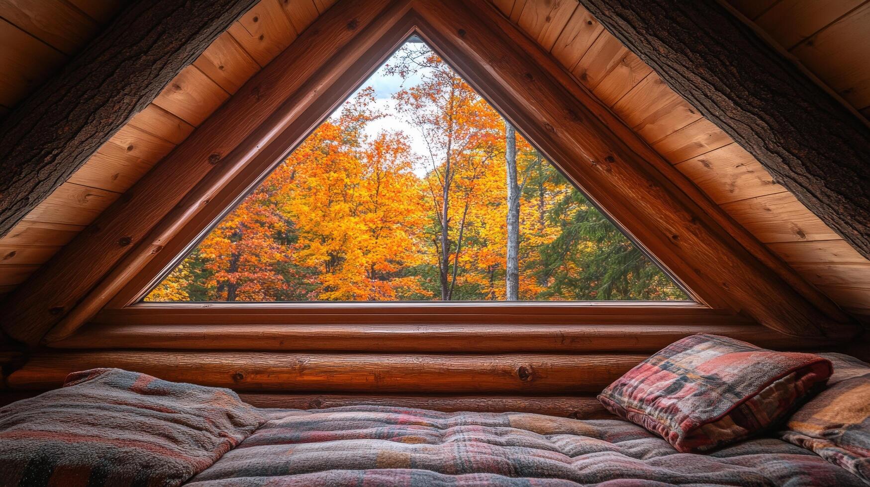 Rustic cabin window seat with fall foliage view. photo