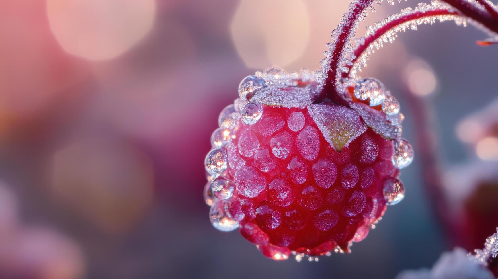 Frozen raspberry with frost and water droplets. photo