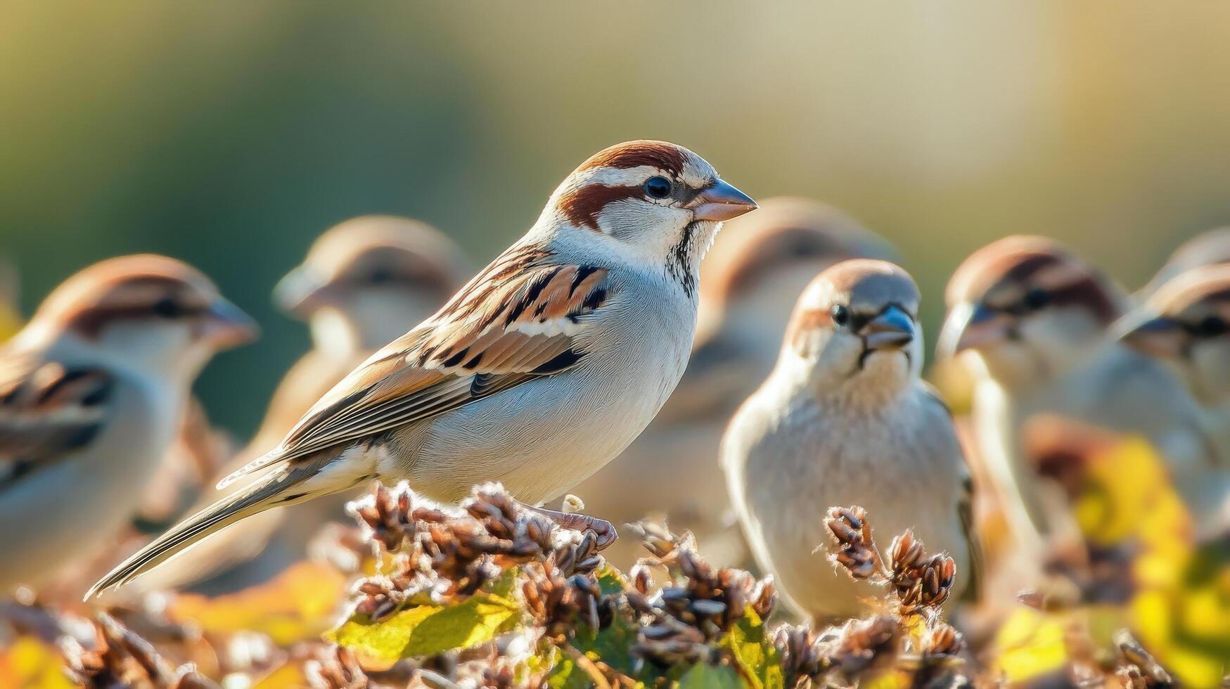 A group of sparrows perched on a plant. photo