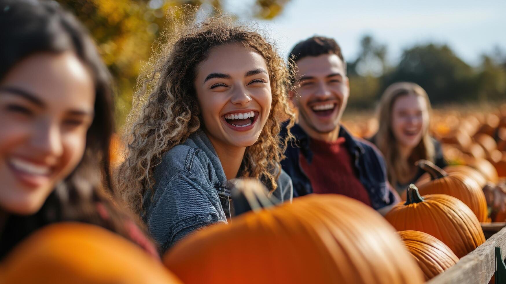 Group of friends laughing amidst pumpkins. photo