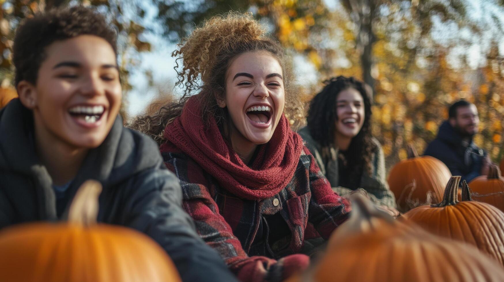 Autumn harvest fun with friends in a pumpkin patch. photo