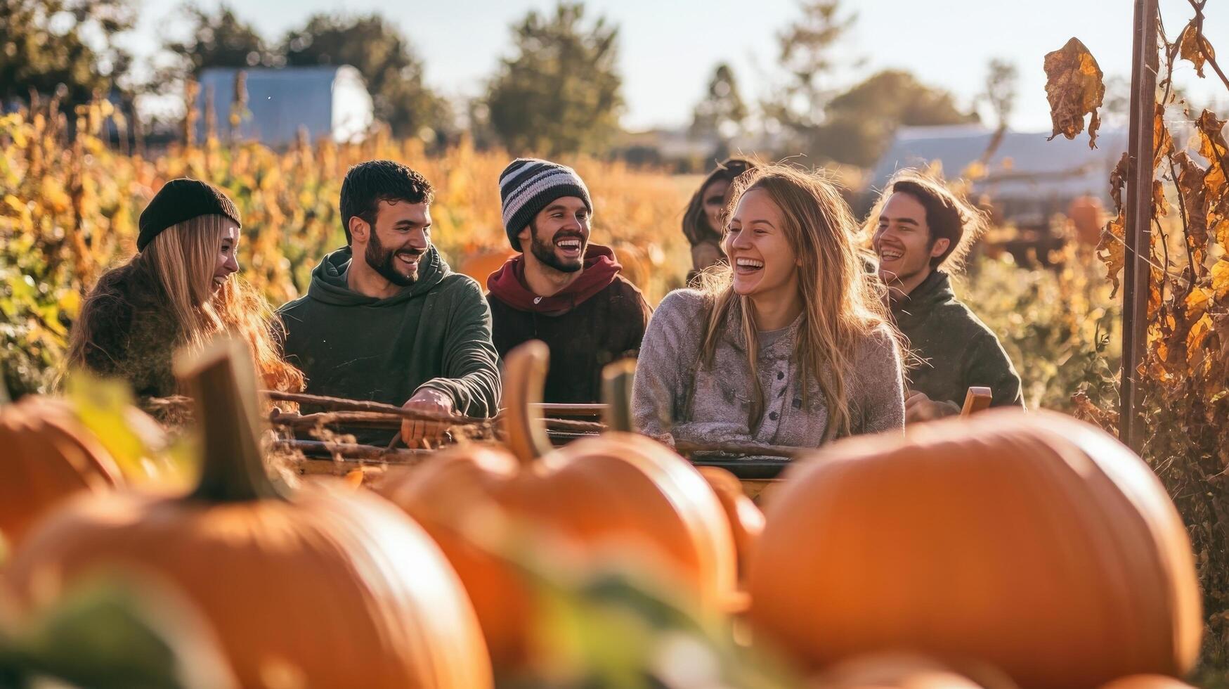 Group of friends enjoying a fall pumpkin patch excursion. photo