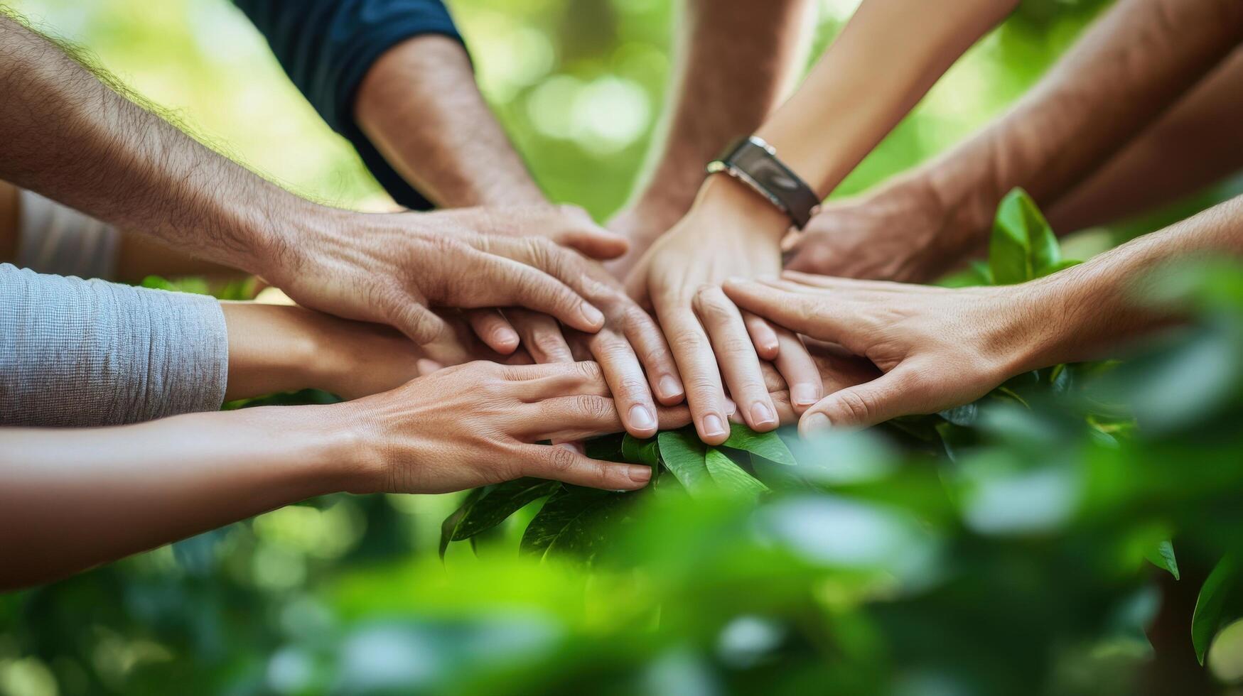 Diverse hands joined together in a collaborative effort. photo