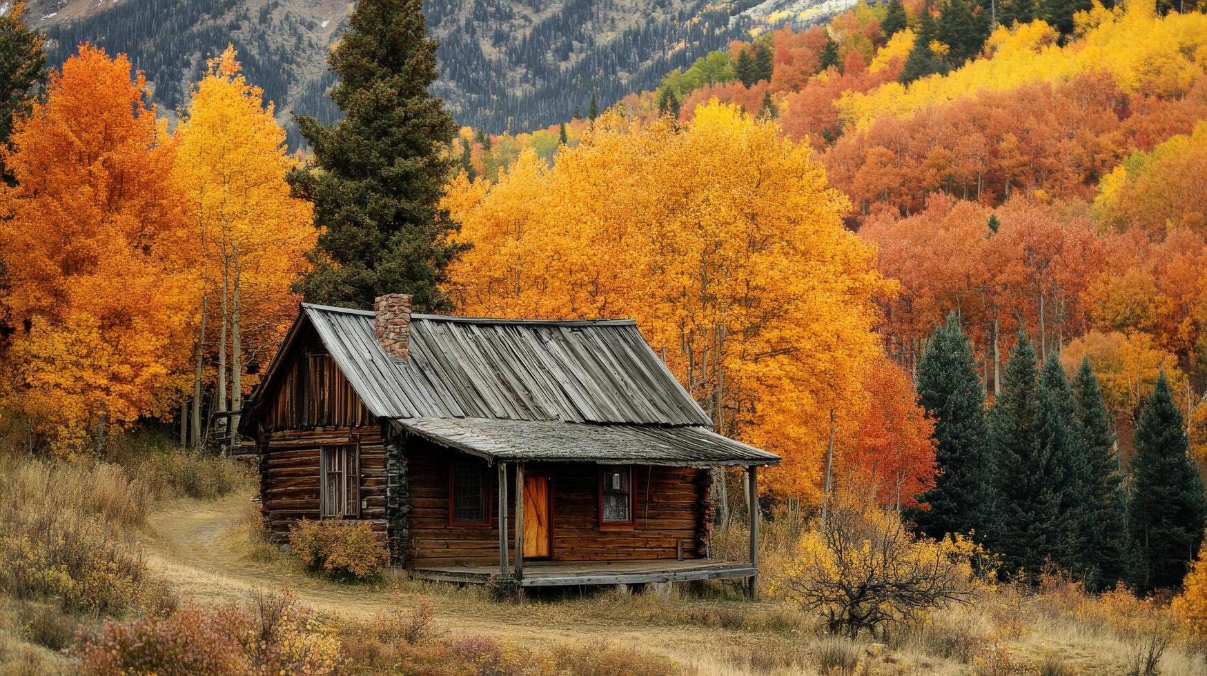 Autumnal cabin nestled amongst colorful fall foliage. photo