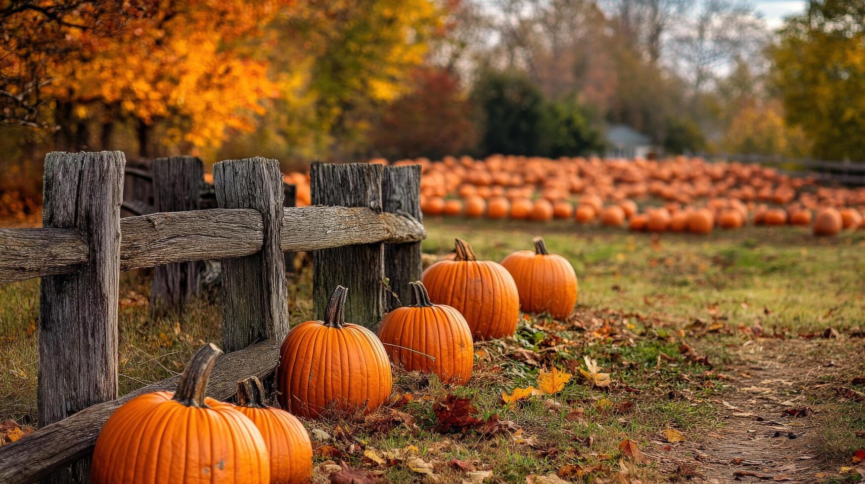 Rustic wooden fence bordering a pumpkin patch in autumn. photo
