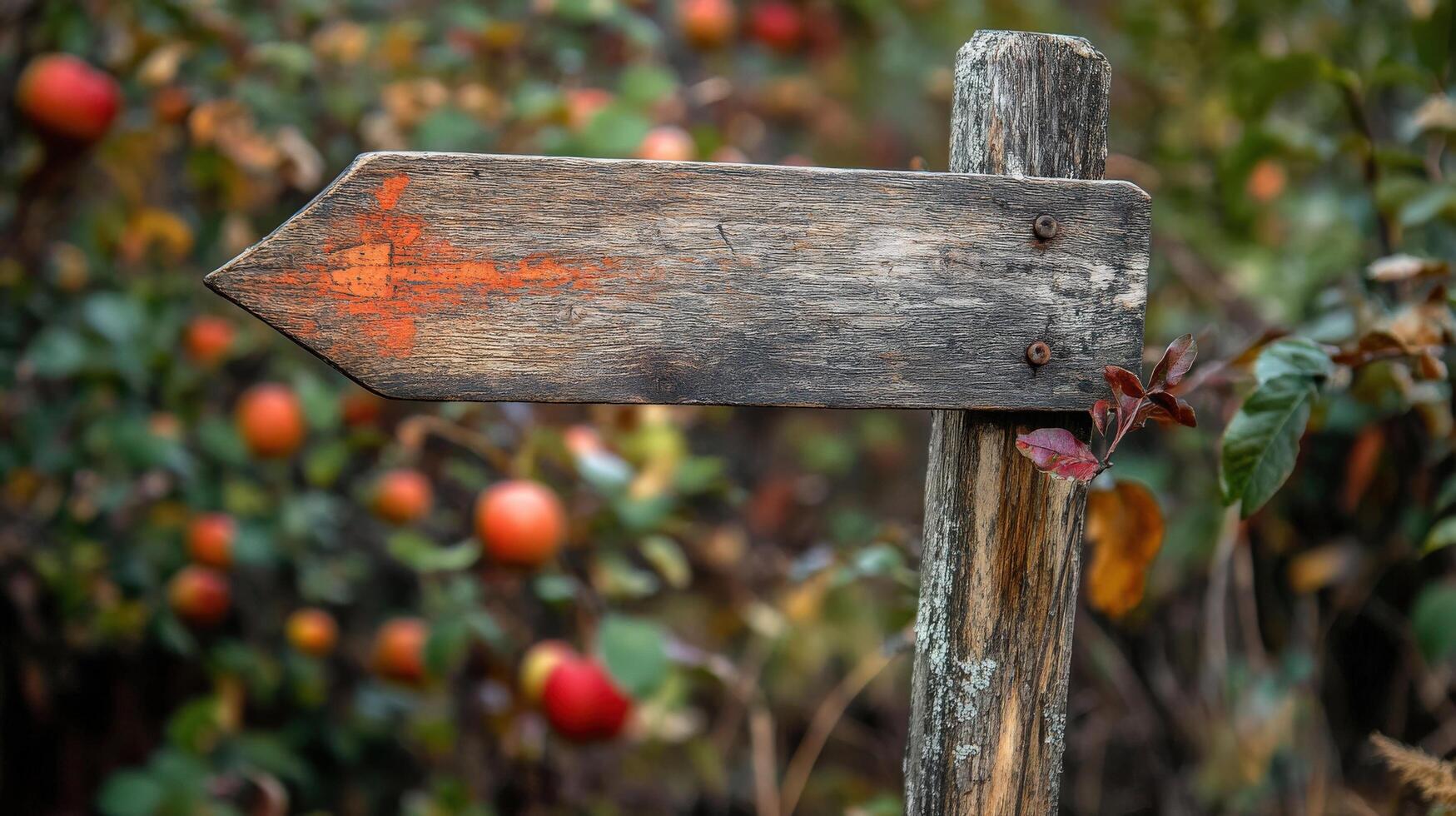 Weathered wooden signpost directs a path through an orchard. photo