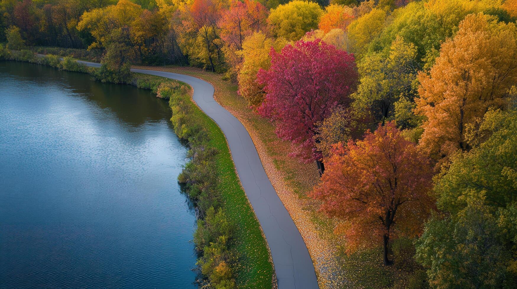 Aerial view of a winding path through colorful autumn foliage near a lake. photo