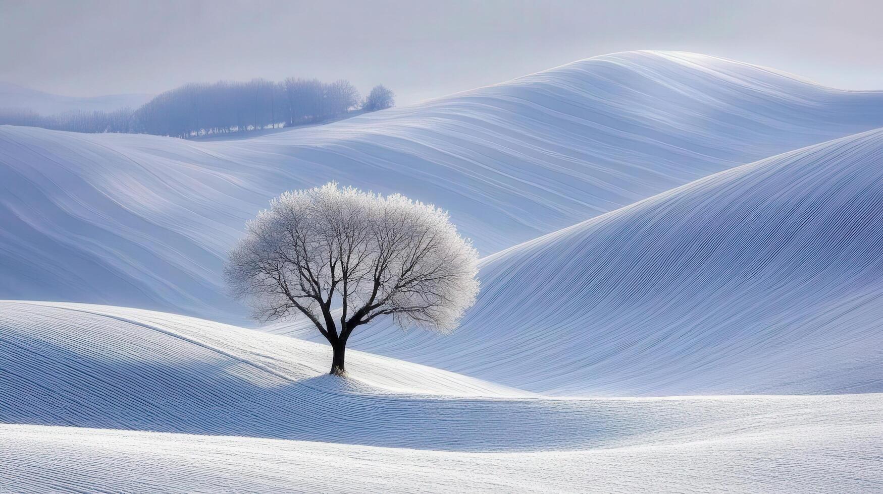 Solitary tree in a snow-covered landscape, bathed in soft light. photo