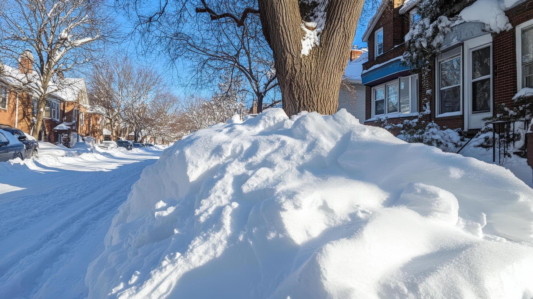 Snowy residential street scene under bright sunlight. photo