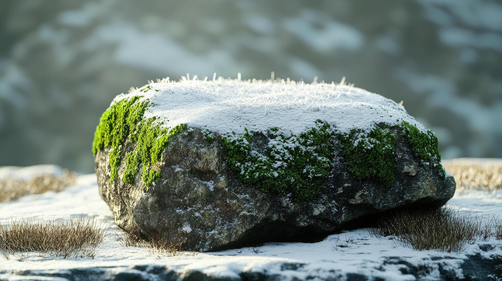 A frosty, moss-covered rock in winter sunlight. photo