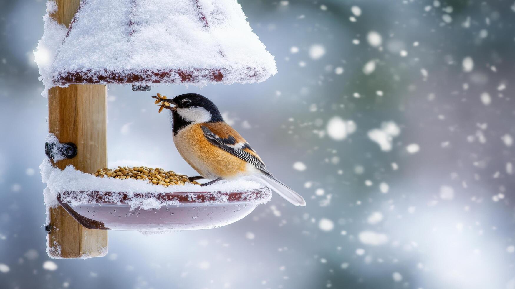 Snowy winter scene with a bird at a feeder. photo