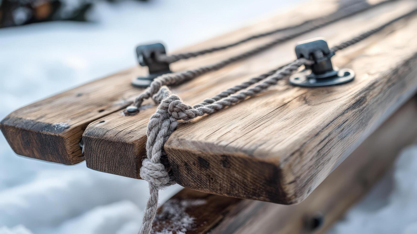 Close-up view of a rustic wooden sled with ropes. photo