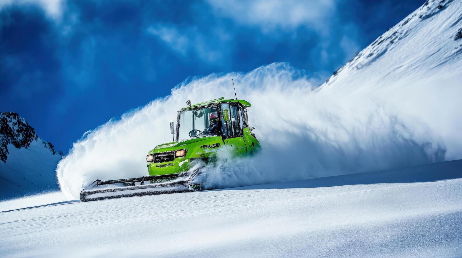 Green snow groomer plowing a snowy mountain slope. photo