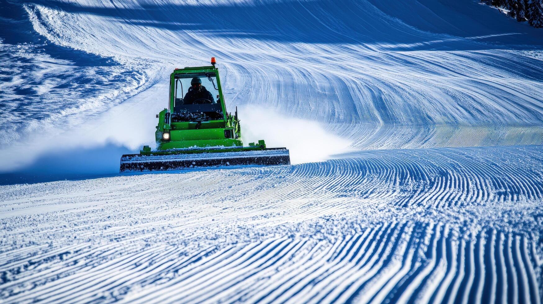 Green machine prepares groomed ski slope on sunny day. photo