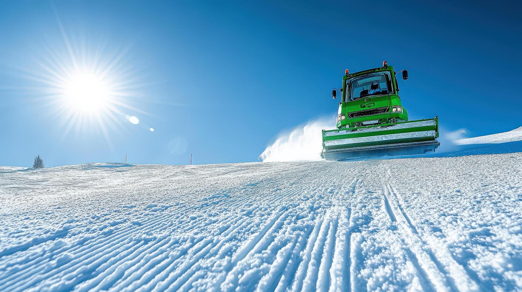 Brightly lit snow machine ascends a snowy mountain slope. photo