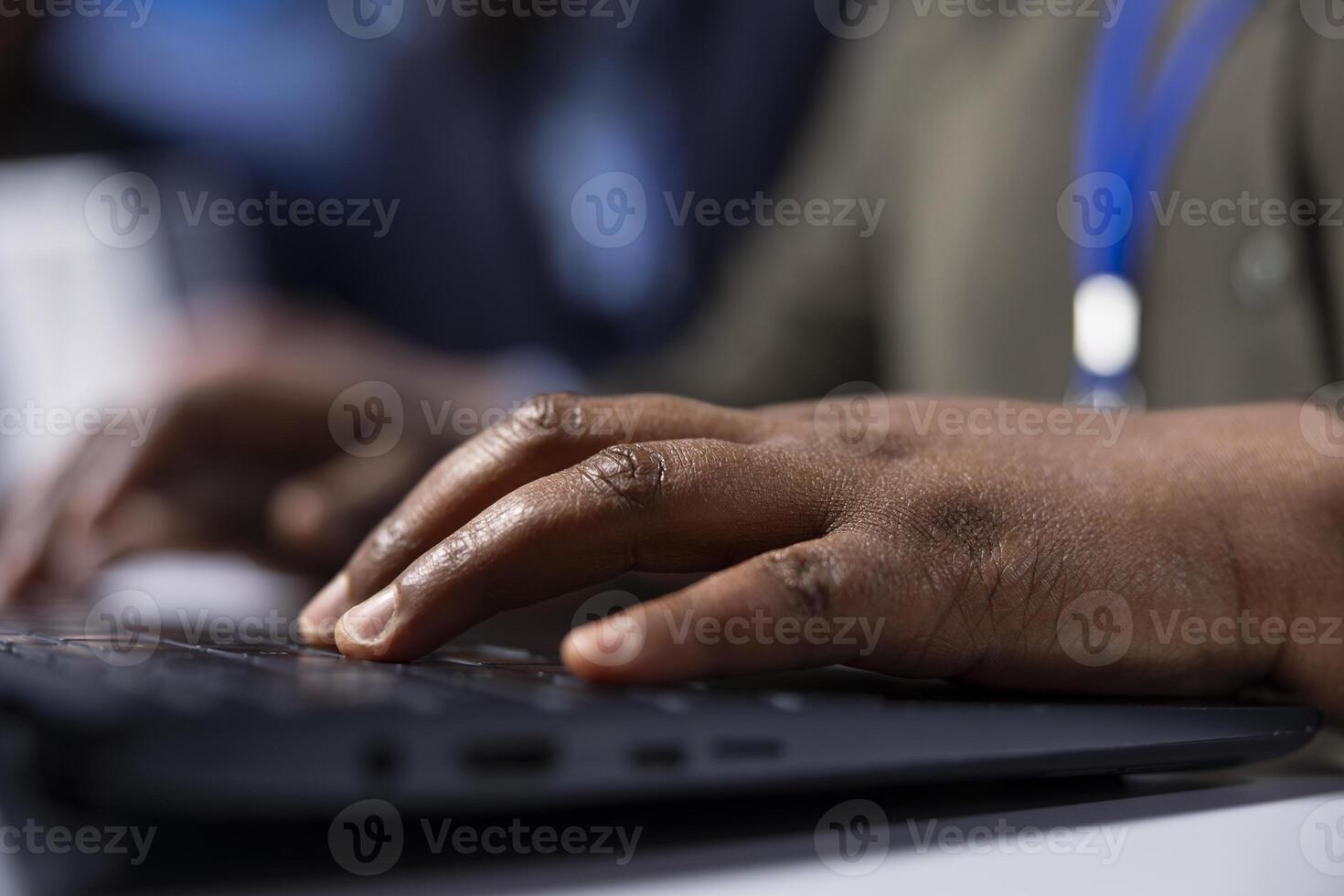 Solar panel manufacturing plant researcher typing on laptop keyboard, developing new solar energy systems prototypes. Factory expert researching innovative photovoltaics materials on notebook, close up photo